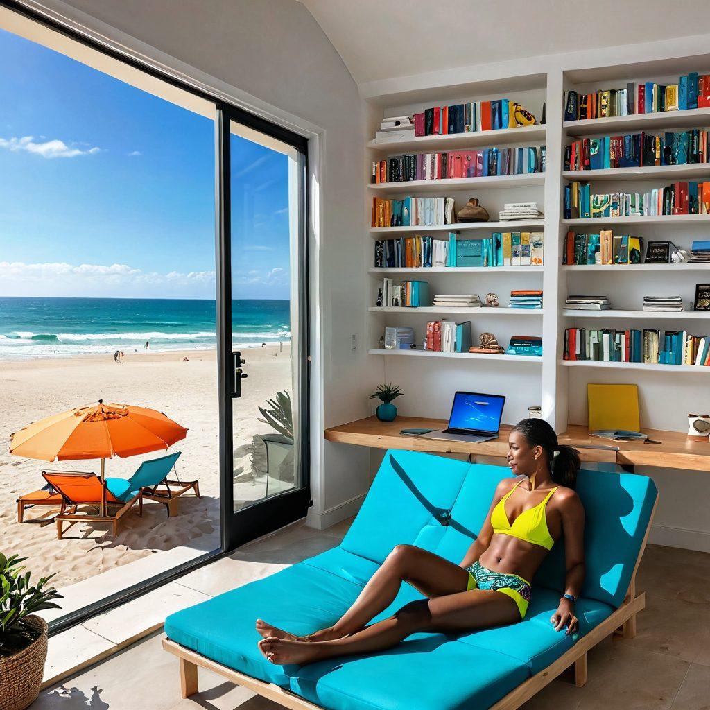 A split image showing a beach scene on one side with a person in vibrant swimwear enjoying the sun, and on the other side a cozy study room with bookshelves and a laptop, depicting the transition from leisure to academia. Include elements of relaxation like beach umbrellas and motivational quotes on the study wall. The person should appear calm and inspired, illustrating the emotional benefits of beachwear during studies. bright colors, modern style, juxtaposition.